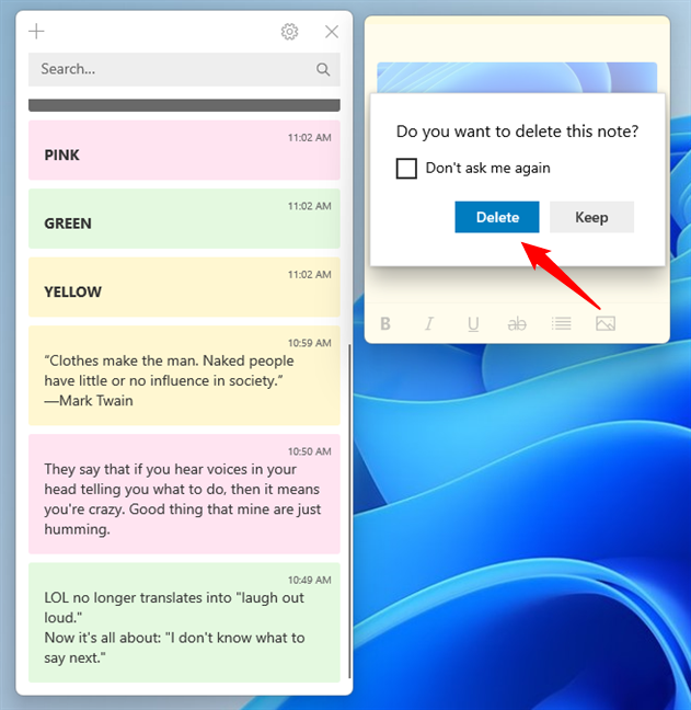 Confirm the deletion of a note in Sticky Notes