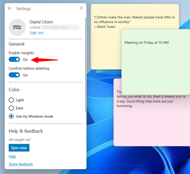 The switch to Enable insights in Sticky Notes