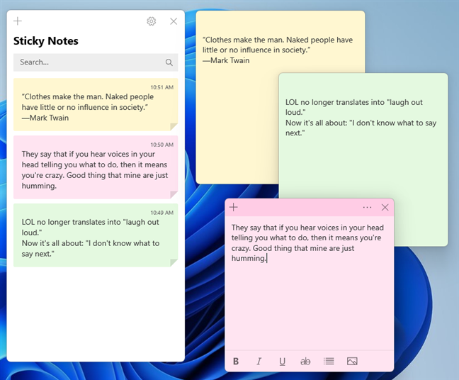 All the notes are listed in the main window of Sticky Notes