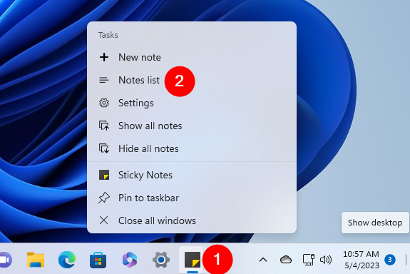 Open the main Sticky Notes window from the taskbar