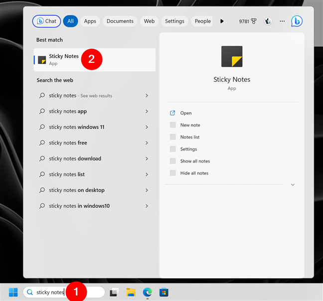 Search to open Sticky Notes in Windows