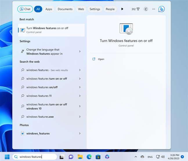 Searching for windows features in Windows 11
