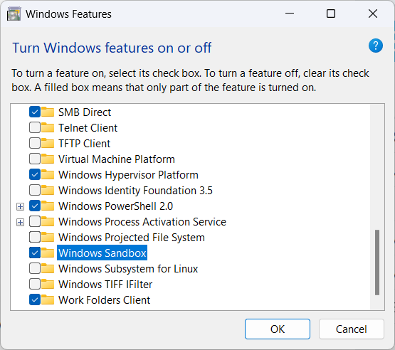 In Windows Features, check Windows Sandbox