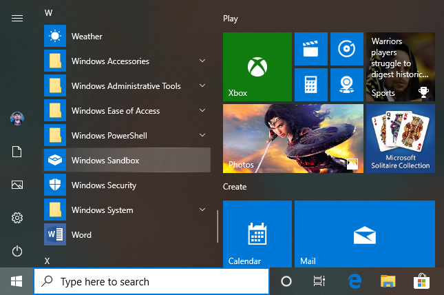 The Windows Sandbox shortcut in Windows 10
