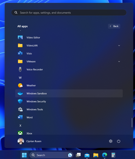 The Windows Sandbox shortcut in Windows 11