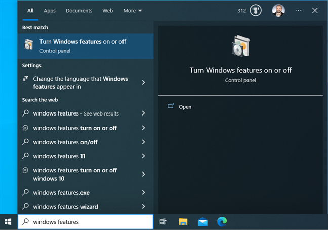 Searching for windows features in Windows 10