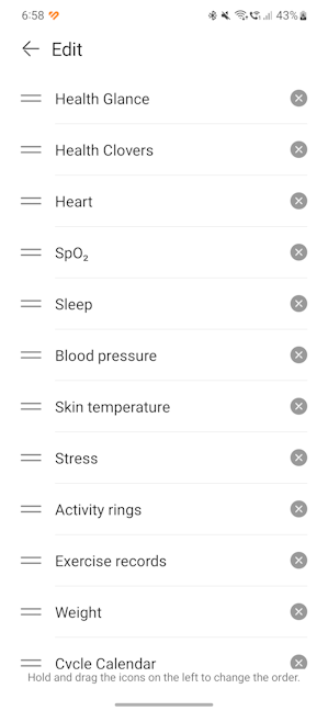 A list with the main health tracking features