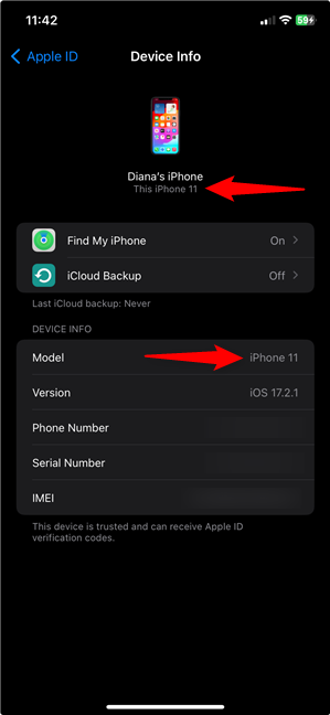 The iPhone model is shown twice on the Device Info screen