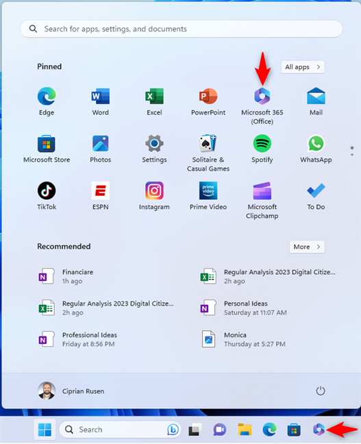 The Microsoft 365 (Office) app shortcut in Windows 11