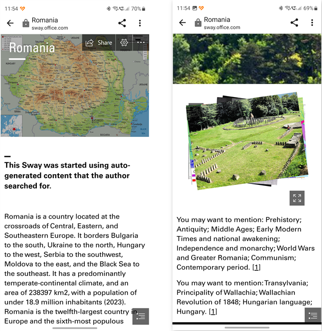 A Sway story seen on an Android smartphone
