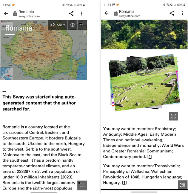 A Sway story seen on an Android smartphone