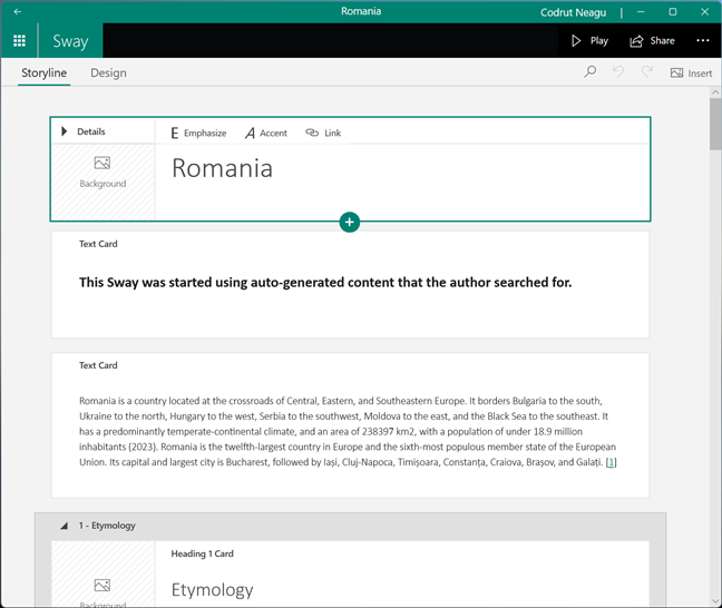 Storyline editor in Microsoft Sway