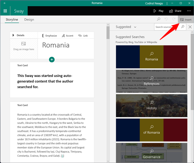 Insert content in Microsoft Sway