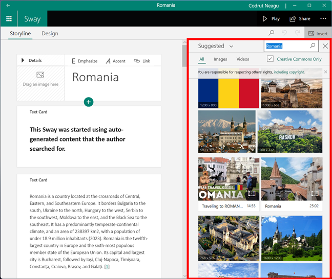Insert internet search content in Microsoft Sway