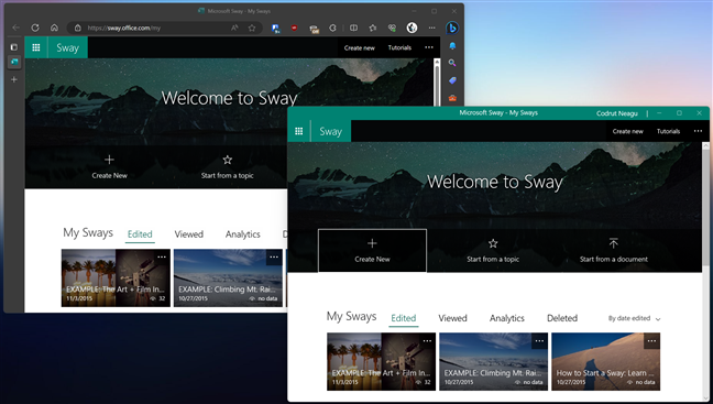 Microsoft Sway is identical as a web app (left) or an app (right)