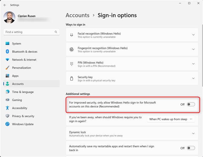 Disable For improved security, only allow Windows Hello sign-in for Microsoft accounts