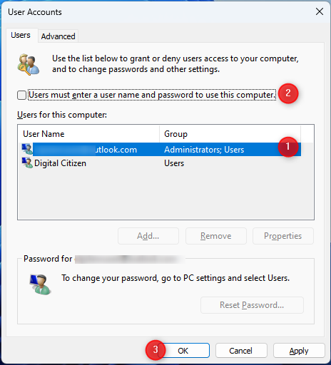 Turn off Users must enter a user name and password to use this computer