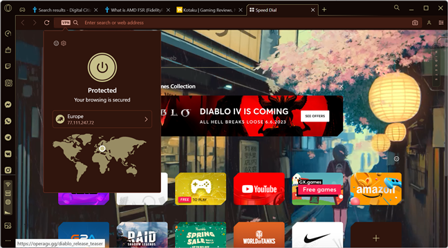 Opera GX's built-in VPN feature