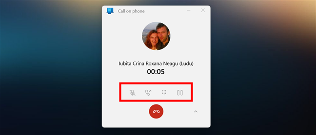 A phone call made with Windows Phone Link