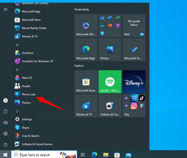 The Phone Link shortcut in Windows 10
