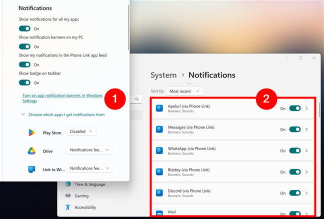 Notifications settings in Windows Phone Link