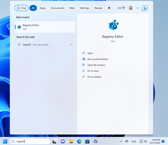 Search for regedit in Windows 11