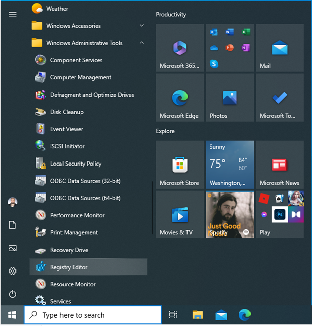 The Registry Editor shortcut in the Windows 10 Start Menu