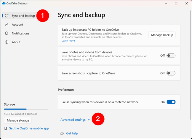 Go to Sync and backup > Advanced settings