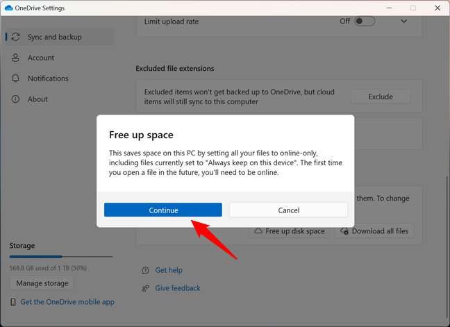 Continue and set all your OneDrive files as online-only