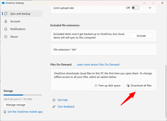 Click or tap the Download all files button in OneDrive Settings