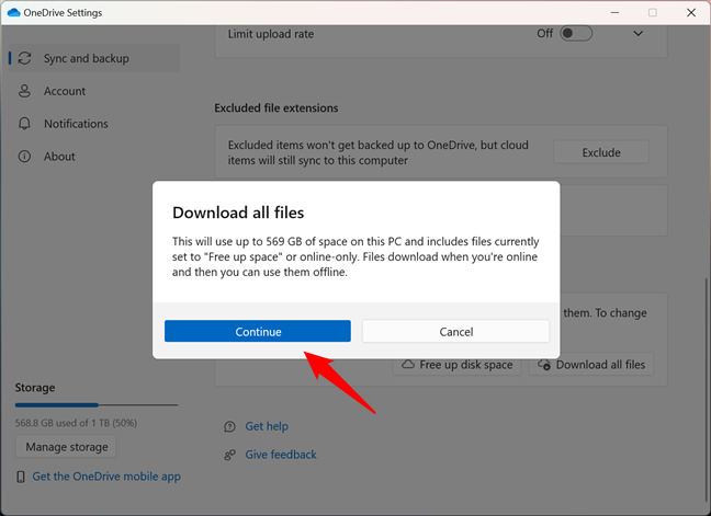 Continue and download all files (turn off Files-On Demand)