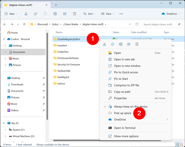 Choosing Free up space to save storage space with OneDrive Files On-Demand