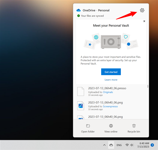 The Help & Settings button from OneDriveâs flyout