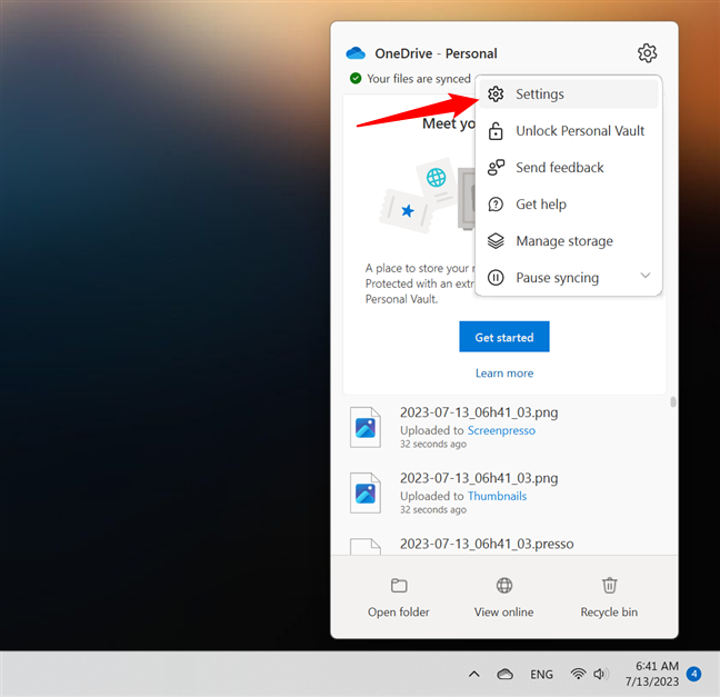 The Settings option from OneDriveâs menu