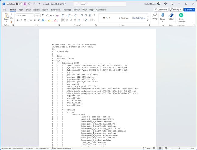 The folder tree inside a document file