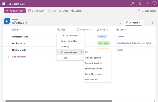 Column settings in Microsoft Lists