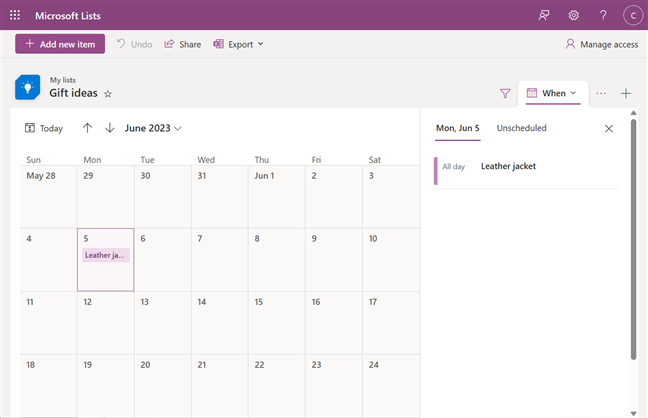 The Calendar view of a list created with Microsoft Lists
