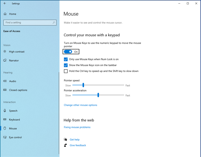 Enabling and configuring Mouse Keys in Windows 10