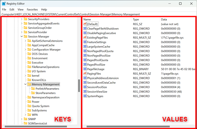 The Windows Registry contains keys and values