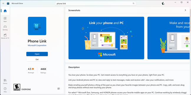 The Phone Link app in Microsoft Store