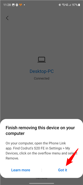 Finish removing this device on your computer: tap Got it