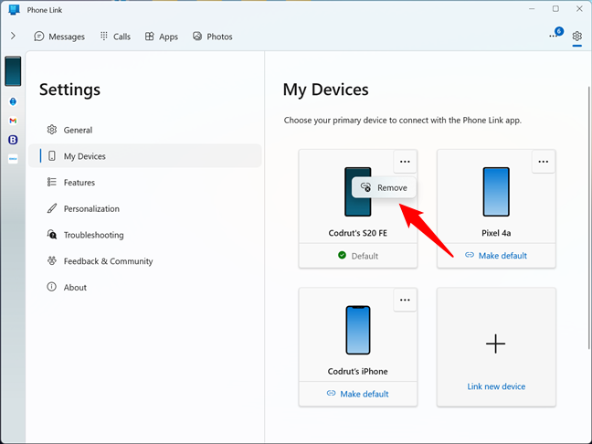 Choose Remove to unsync a phone from Windows