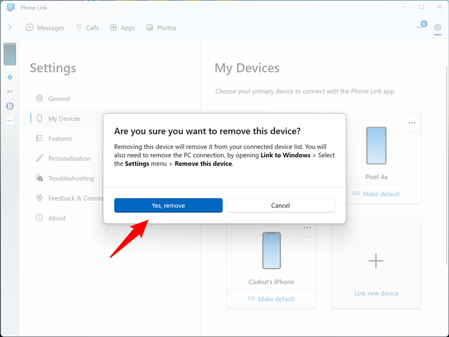 Confirm the unlink by pressing Yes, remove