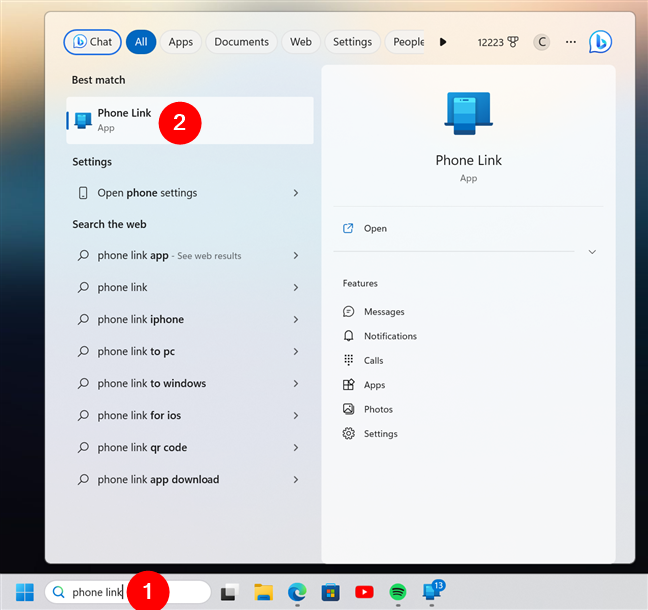Search and open the Phone Link app on your Windows PC