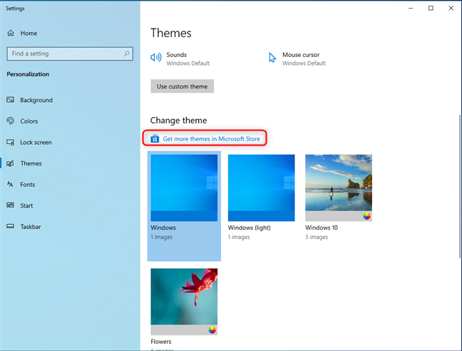 Click or tap Get more themes in Microsoft Store