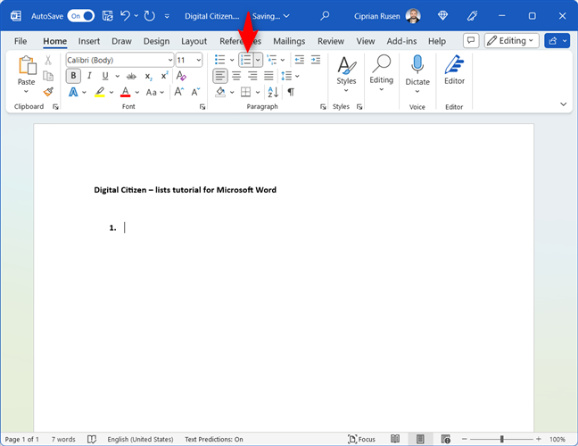 Starting a numbered list in Word