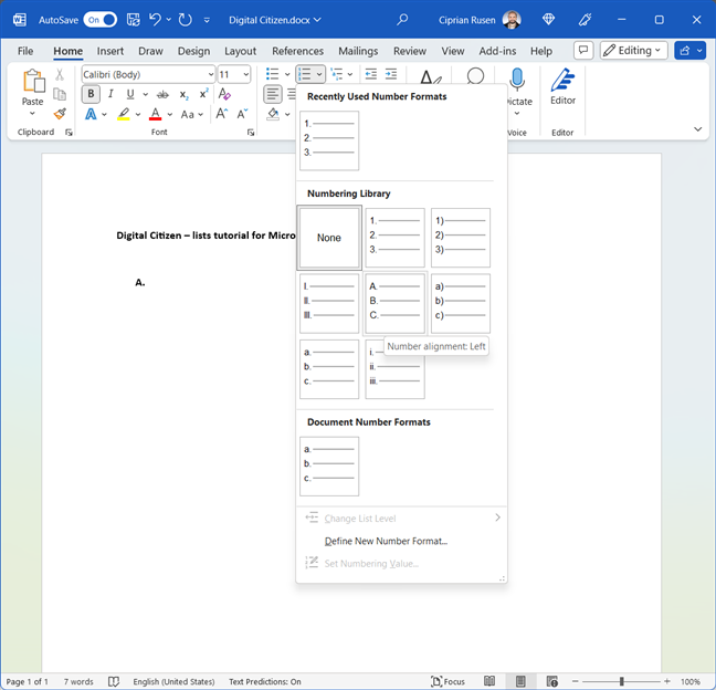 Choosing the numbering system used for the list