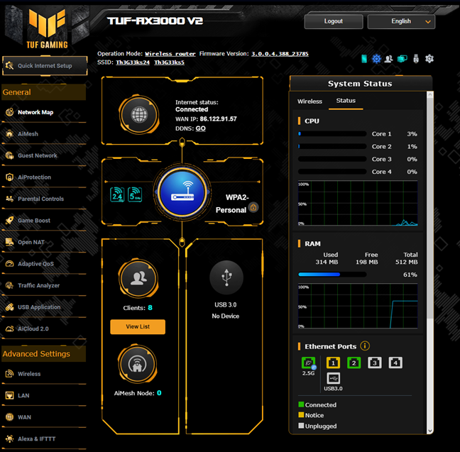The web admin interface uses a TUF Gaming skin
