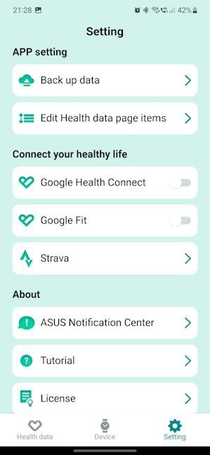 The settings available in ASUS VivoWatch 5 AERO
