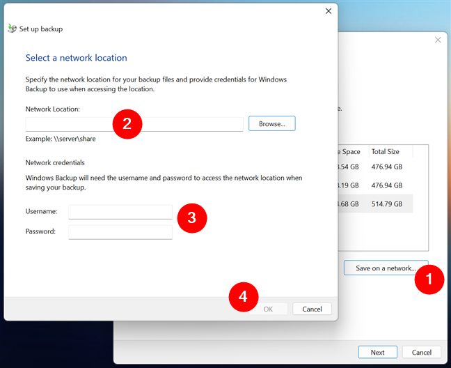 Select a network location for the backup